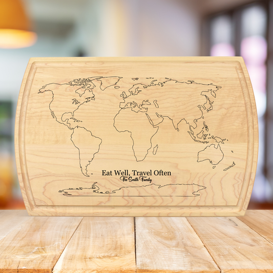 Personalized World Map Cutting Board Gift - Housewarming, Christmas, Birthday, Wedding, Vacation, Traveler