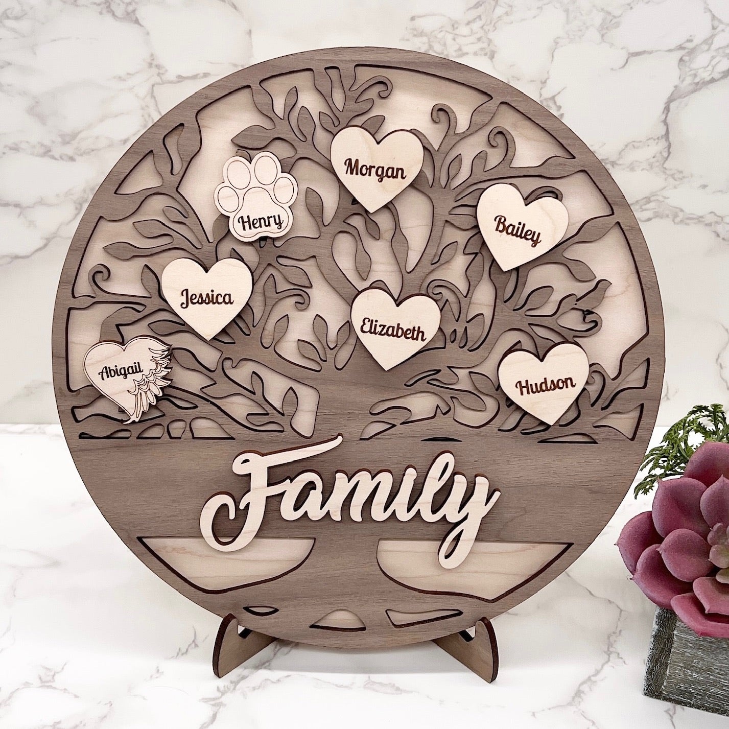 Ambrosia Crafts Personalised MDF Cursive Family Tree With Painted White Wooden Hearts – Custom Wall Decor