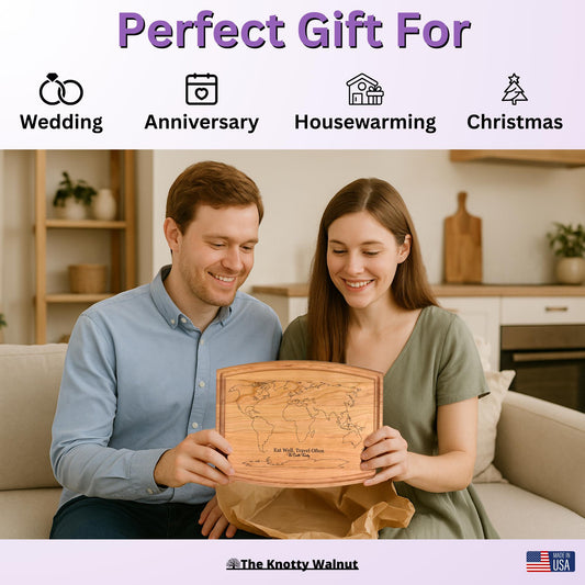 Personalized World Map Cutting Board Gift - Housewarming, Christmas, Birthday, Wedding, Vacation, Traveler