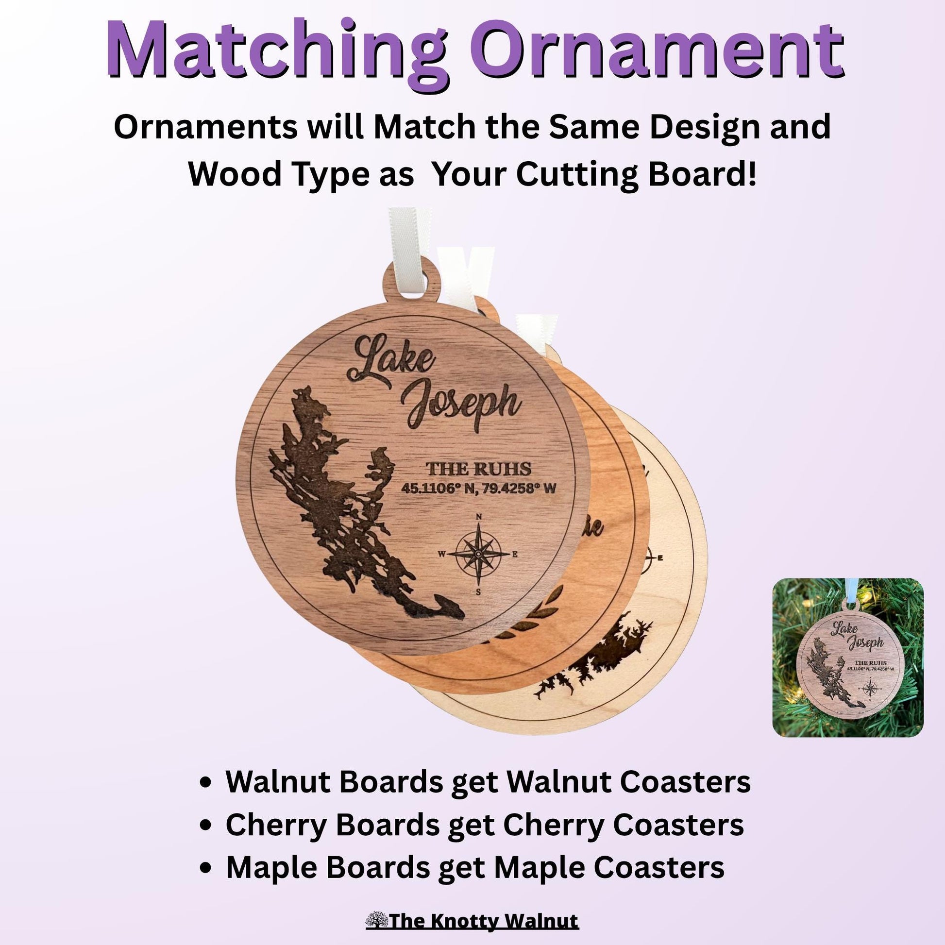 Upgrades and Add-Ons: Cutting Board Display Stand, Gift Wrap, & Ornament Add-on for orders from The Knotty Walnut - Lake Boards