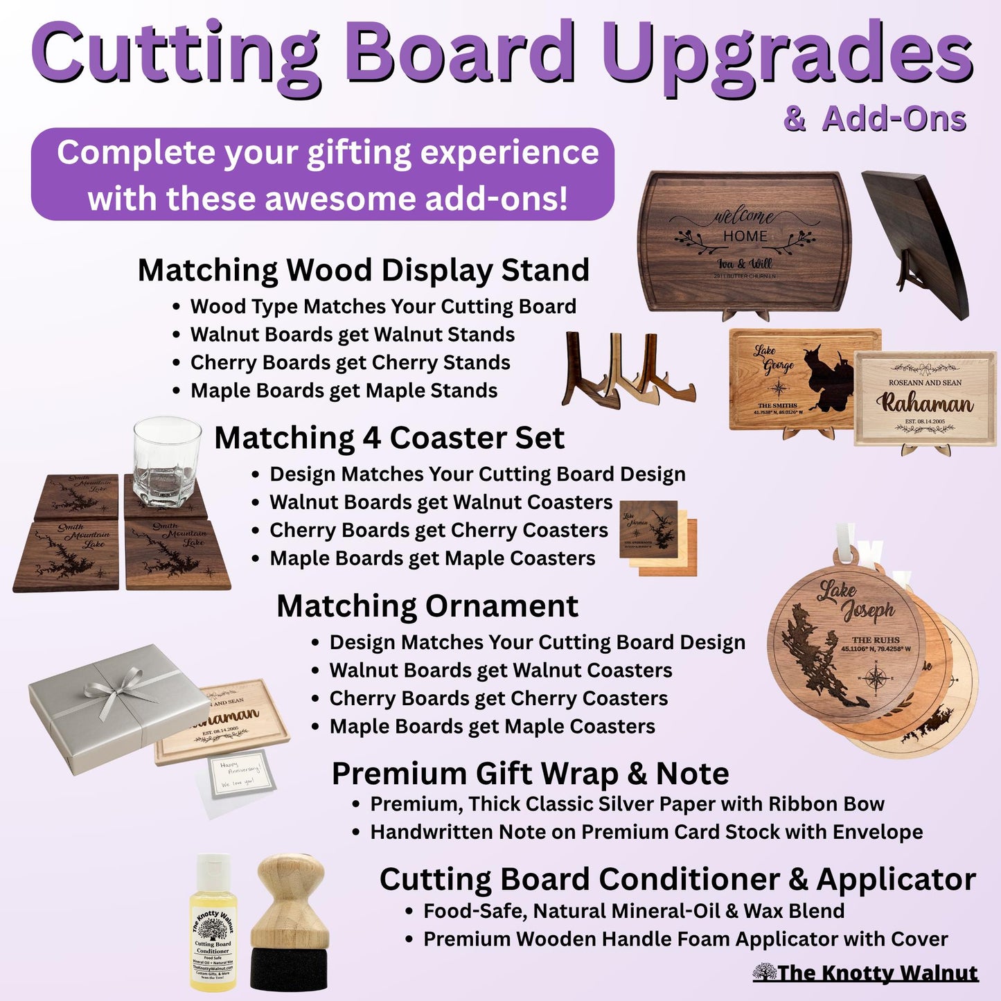 Upgrades and Add-Ons: Cutting Board Stand & Gift Wrap Add-on for orders from The Knotty Walnut - Wedding, Anniversary