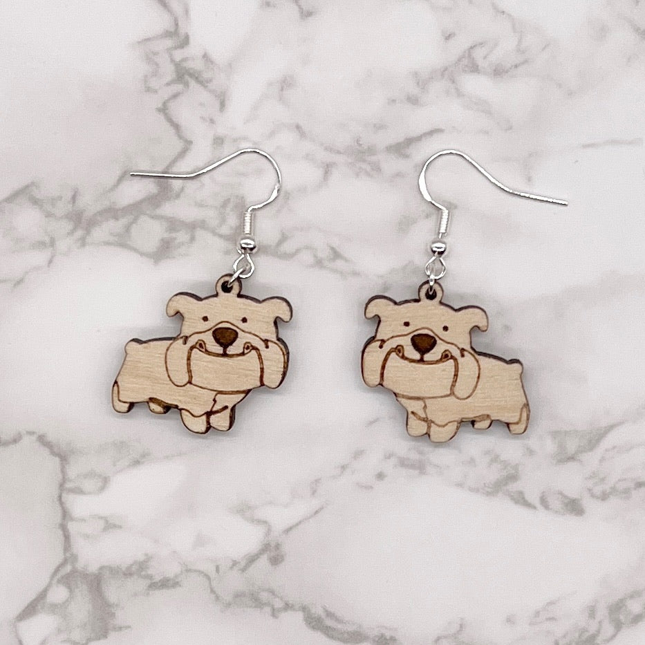 Bulldog Earrings - Wood Dangles