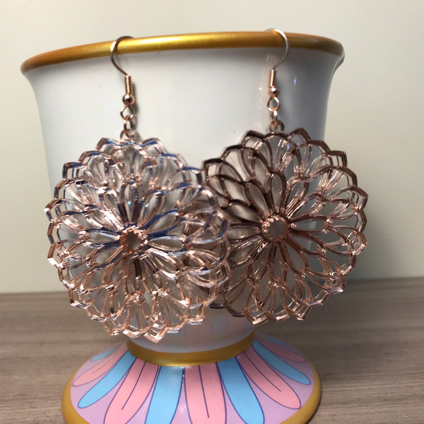 Rose Gold Earrings / Mirrored Acrylic Earrings / Bridesmaid Earrings / Mandala Earrings
