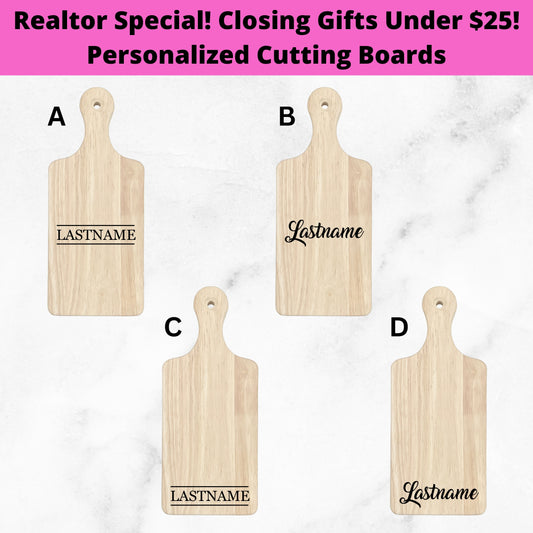 Realtor Special! Closing Gifts Under $25! Personalized Cutting Boards and Charcuterie (13" x 5.5" Rubberwood)