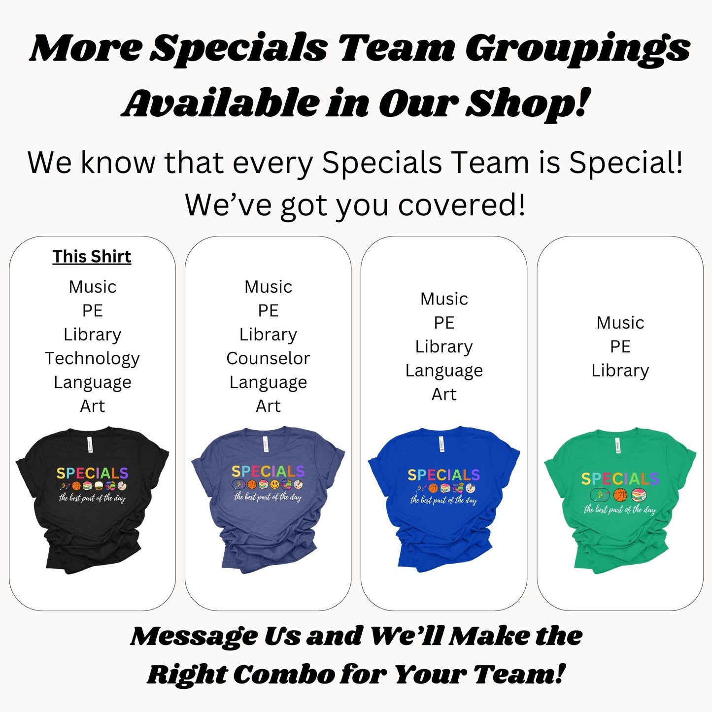 Specials Teacher Team Shirt: Art, Music, PE, Library/Media, Language/Spanish, Technology