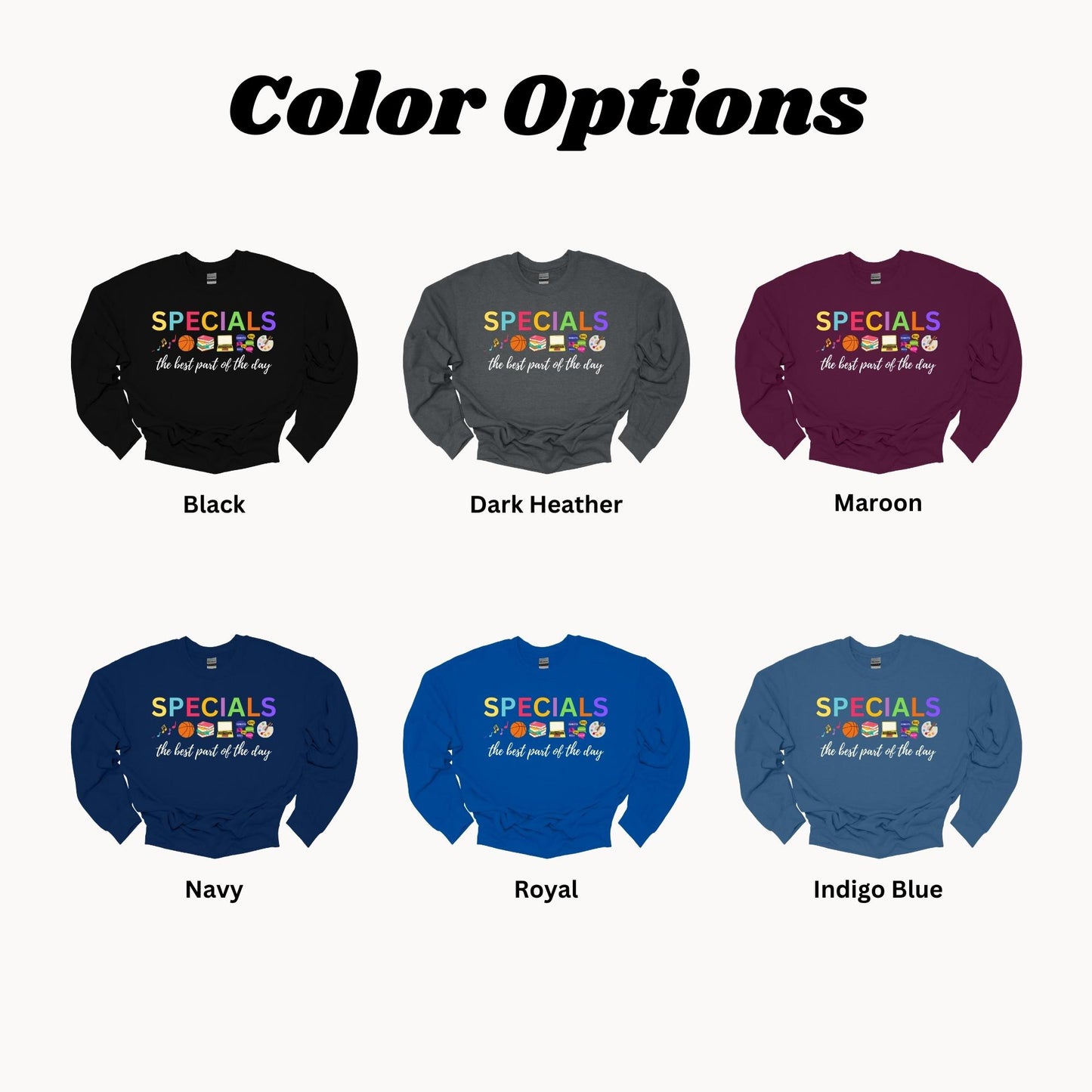 Specials Teacher Team Sweatshirt: Art, Music, PE, Library/Media, Language/Spanish, Technology