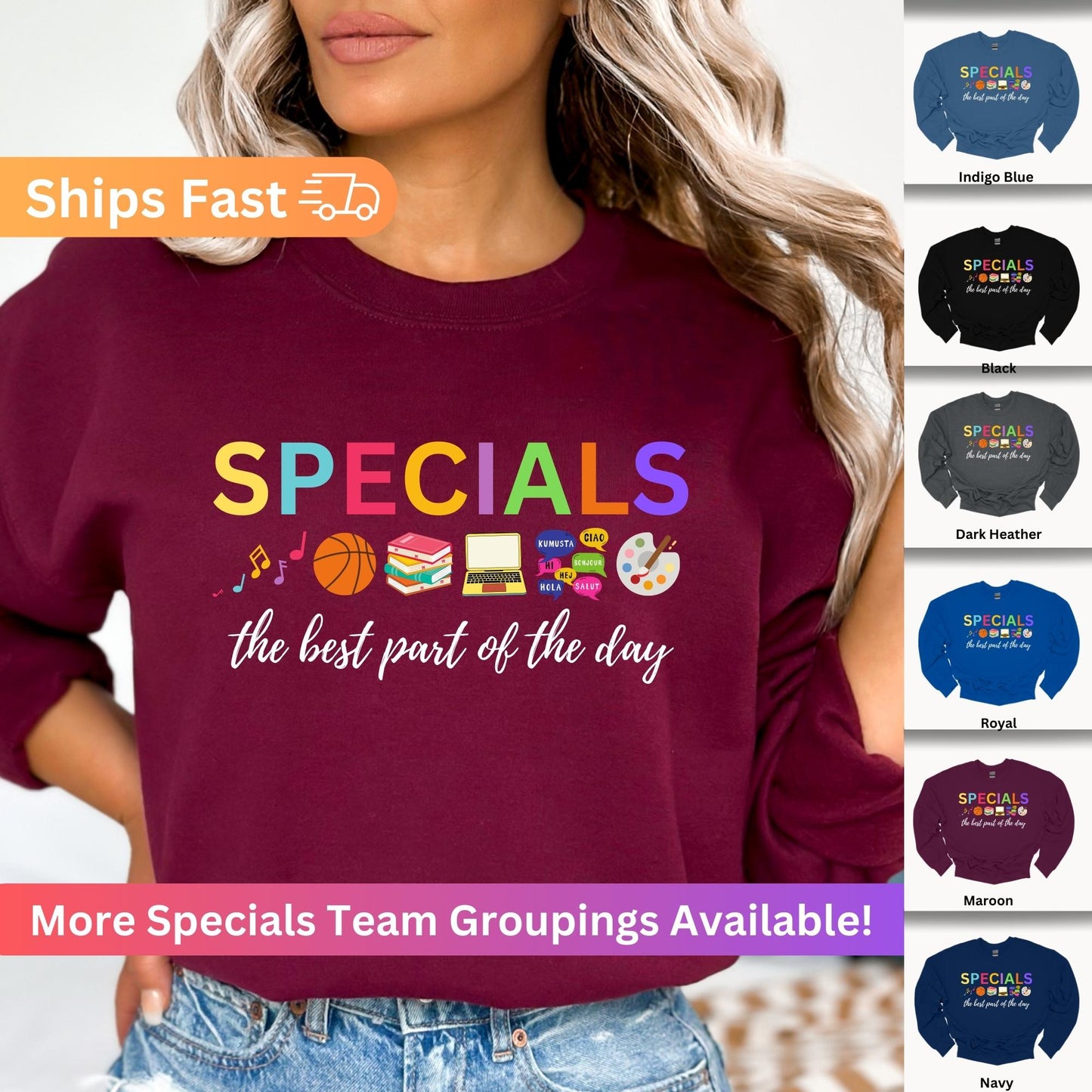 Specials Teacher Team Sweatshirt: Art, Music, PE, Library/Media, Language/Spanish, Technology