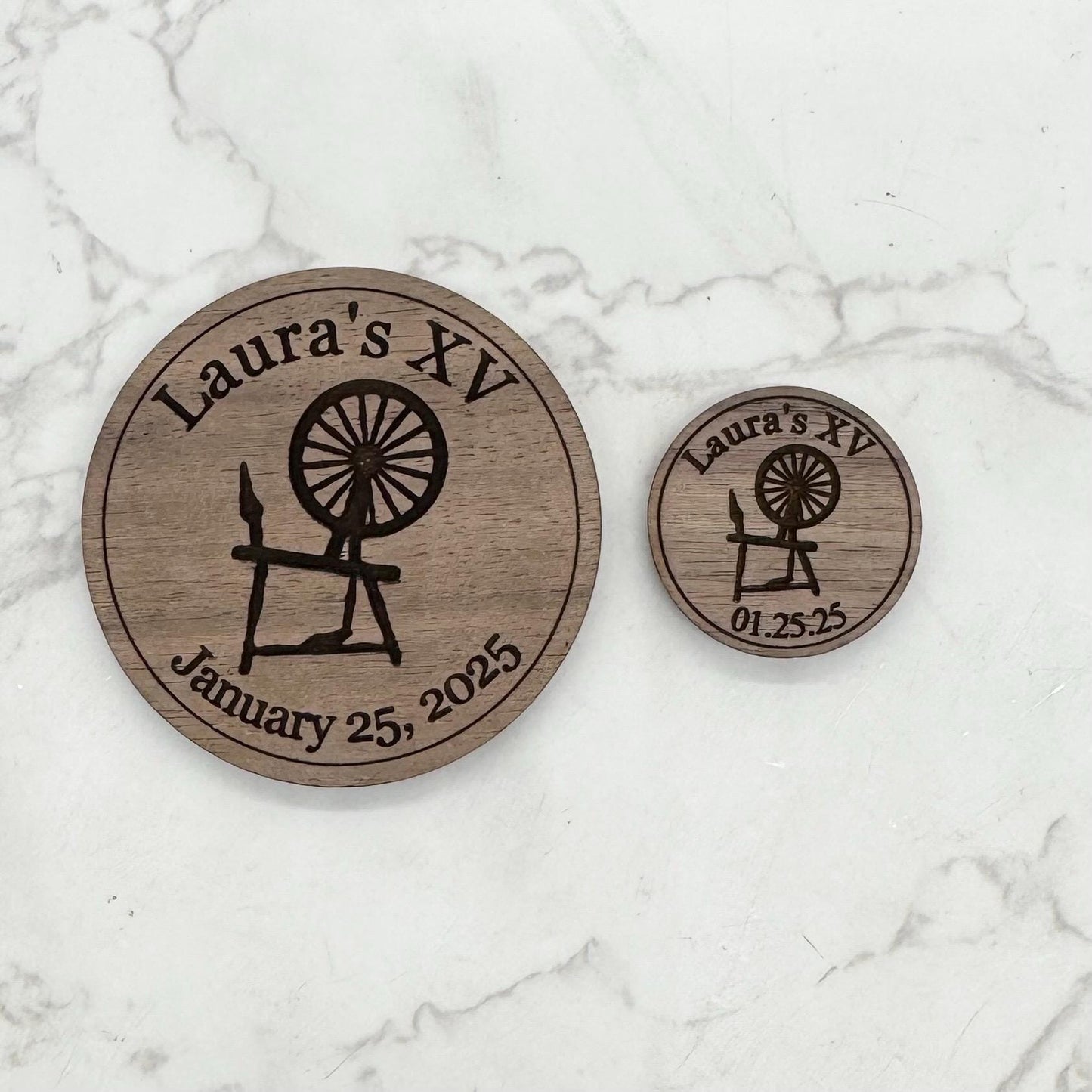 Custom Save the Date Magnets / Buttons / Coins / Keepsake for Wedding / Quinceanera / Sweet 16 / Spinning Wheel