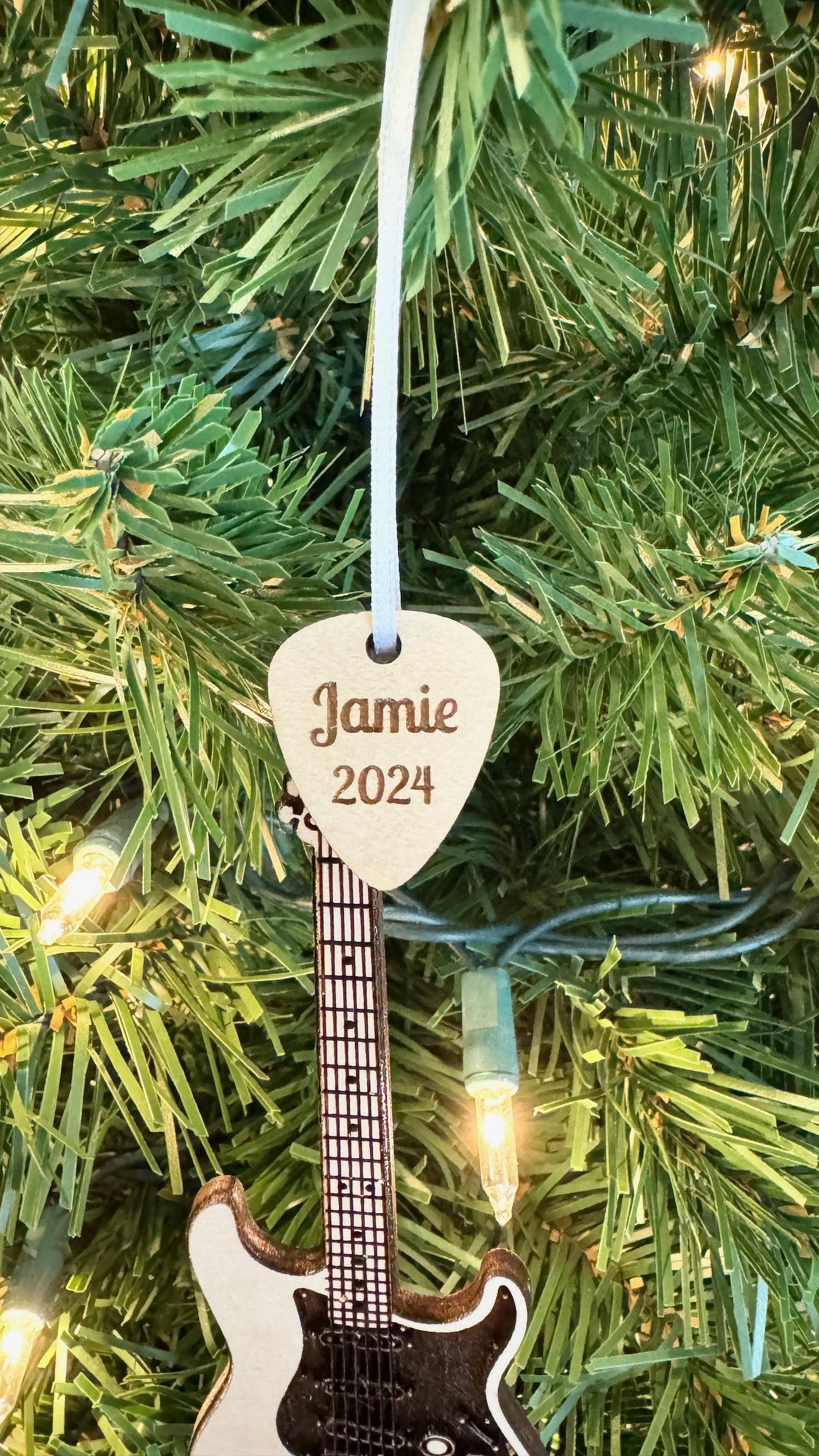Electric Guitar Ornament with Personalized Pick Christmas Gift for Guitarist. Fender Telecaster Style Dark