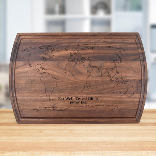 Personalized World Map Cutting Board Gift - Housewarming, Christmas, Birthday, Wedding, Vacation, Traveler