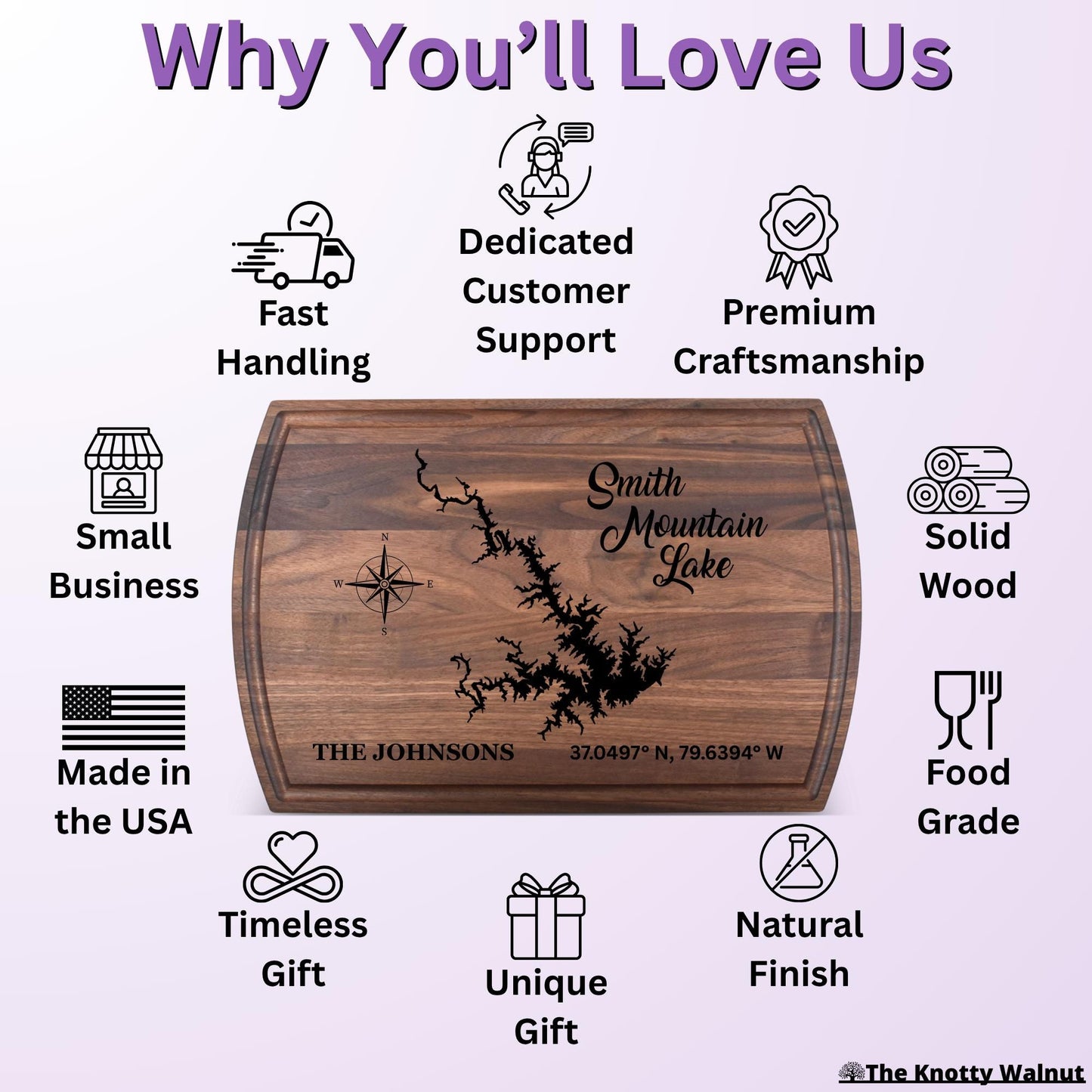 Any Lake - Smith Mountain Lake - Personalized Cutting Board & Charcuterie – Engraved Wood Gift Wedding, Anniversary, Housewarming, Christmas