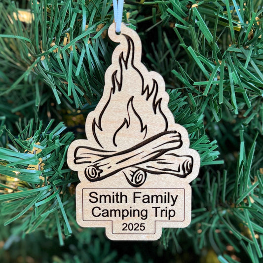 Personalized Camping Trip Family Ornament - Camp Fire - Hiking Vacation Souvenir