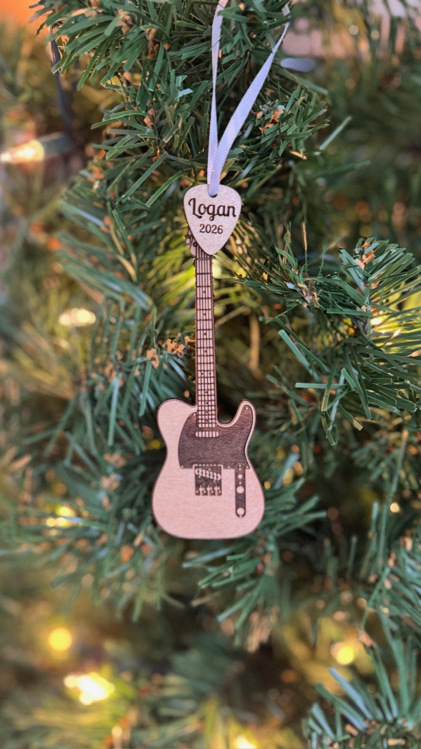 Electric Guitar Ornament with Personalized Pick Christmas Gift for Guitarist. Fender Telecaster Style Dark