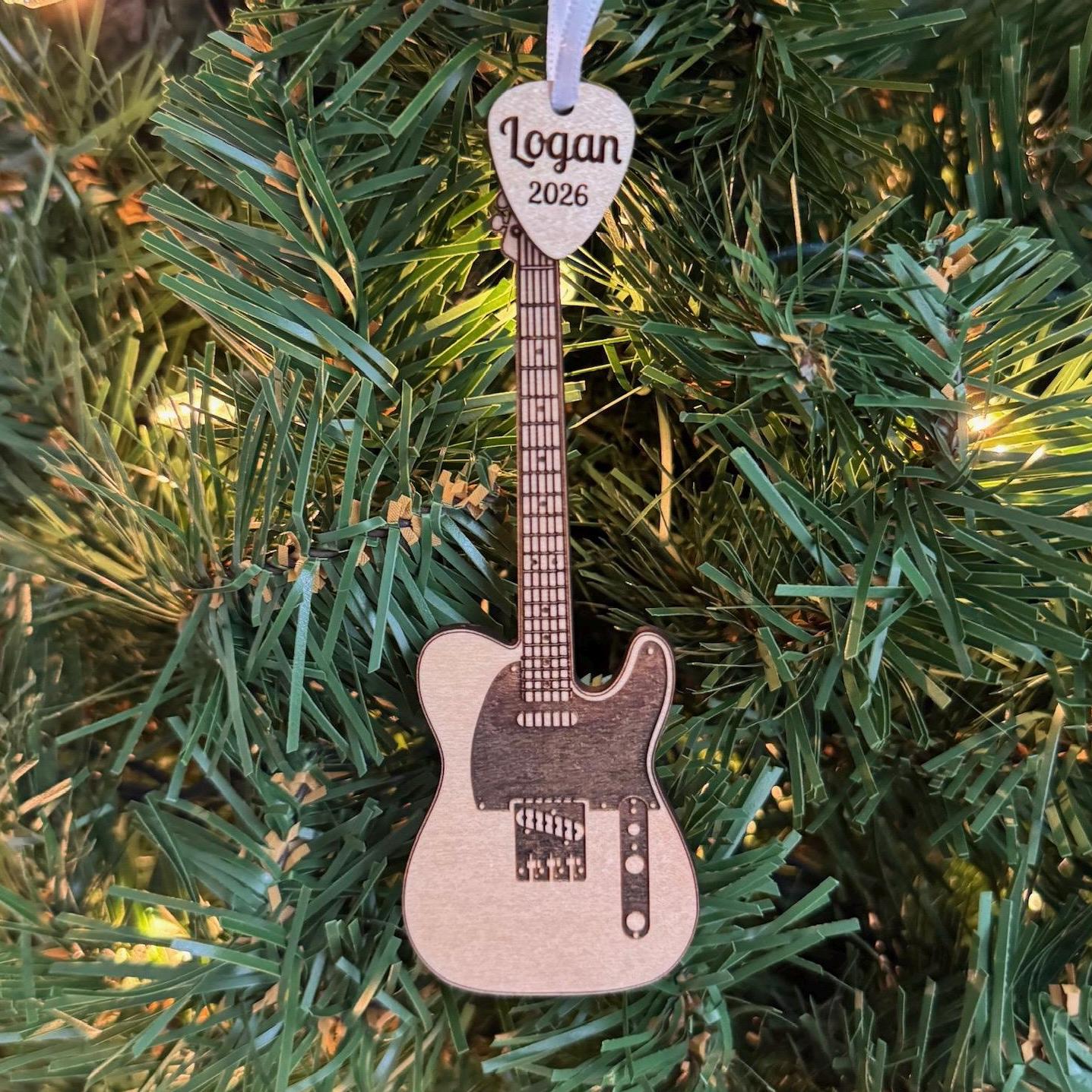 Electric Guitar Ornament with Personalized Pick Christmas Gift for Guitarist. Fender Telecaster Style Dark