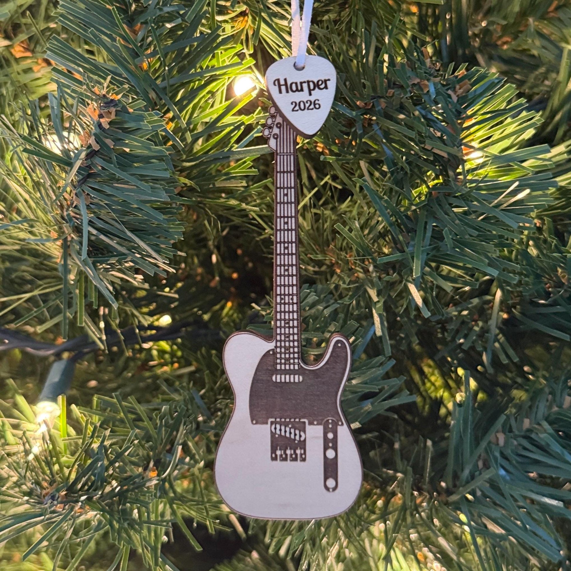 Electric Guitar Ornament with Personalized Pick Christmas Gift for Guitarist. Fender Telecaster Style Dark