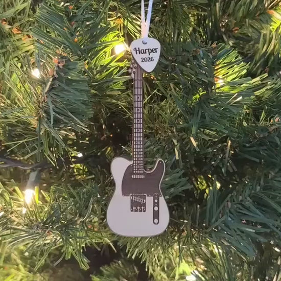 Electric Guitar Ornament with Personalized Pick Christmas Gift for Guitarist. Fender Telecaster Style Dark