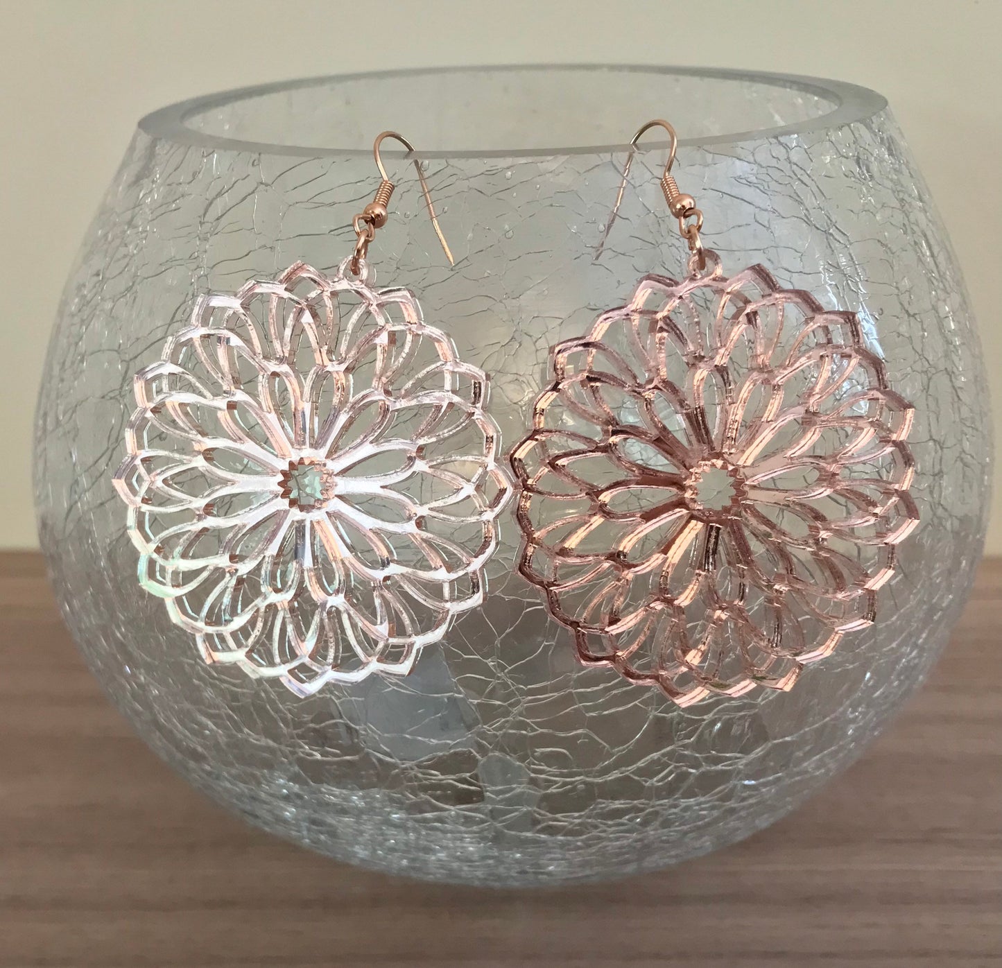 Rose Gold Earrings / Mirrored Acrylic Earrings / Bridesmaid Earrings / Mandala Earrings
