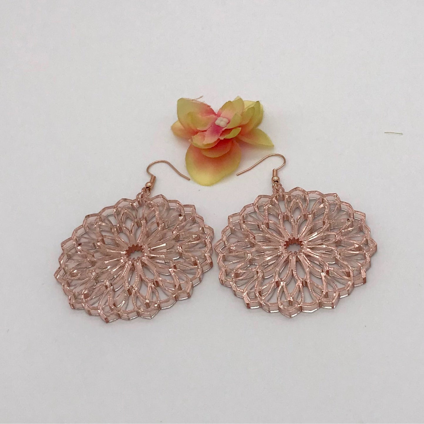 Rose Gold Earrings / Mirrored Acrylic Earrings / Bridesmaid Earrings / Mandala Earrings